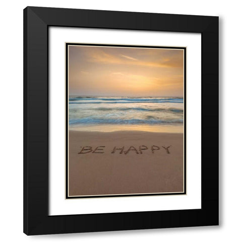 Sand writing - Word Be Happy written on beach Black Modern Wood Framed Art Print with Double Matting by Frank, Assaf