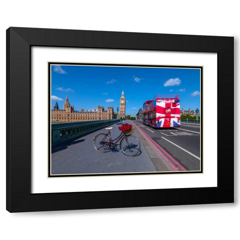 Bicycle with bunch of flowers on Westminster Bridge , London, UK Black Modern Wood Framed Art Print with Double Matting by Frank, Assaf