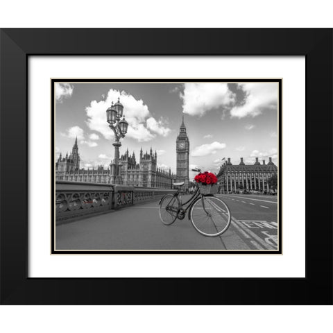 Bicycle with bunch of flowers on Westminster Bridge, London, UK Black Modern Wood Framed Art Print with Double Matting by Frank, Assaf