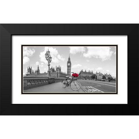 Bicycle with bunch of flowers on Westminster Bridge, London, UK Black Modern Wood Framed Art Print with Double Matting by Frank, Assaf