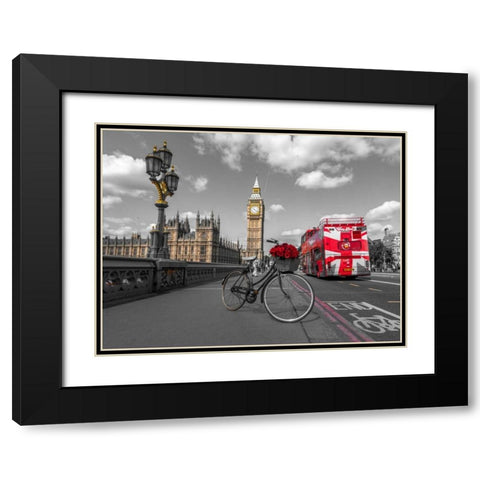 Bicycle with bunch of flowers on Westminster Bridge, London, UK Black Modern Wood Framed Art Print with Double Matting by Frank, Assaf