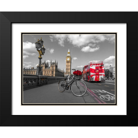 Bicycle with bunch of flowers on Westminster Bridge, London, UK Black Modern Wood Framed Art Print with Double Matting by Frank, Assaf
