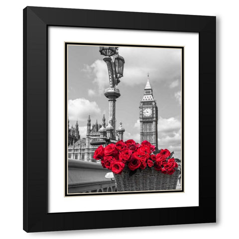 Bicycle with bunch of flowers on Westminster Bridge, London, UK Black Modern Wood Framed Art Print with Double Matting by Frank, Assaf