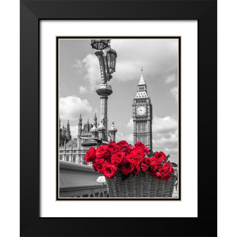 Bicycle with bunch of flowers on Westminster Bridge, London, UK Black Modern Wood Framed Art Print with Double Matting by Frank, Assaf