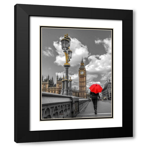 Tourist with an umbrella on Westminster Bridge, London, UK Black Modern Wood Framed Art Print with Double Matting by Frank, Assaf
