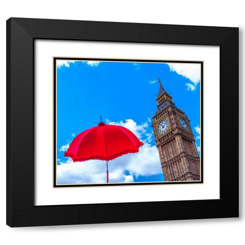 Big Ben with Red Umbrella, London, UK Black Modern Wood Framed Art Print with Double Matting by Frank, Assaf
