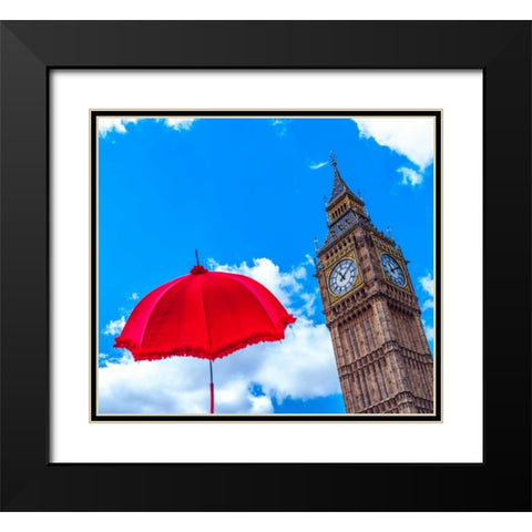 Big Ben with Red Umbrella, London, UK Black Modern Wood Framed Art Print with Double Matting by Frank, Assaf