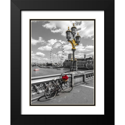 Bicycle with bunch of flowers on Westminster Bridge, London, UK Black Modern Wood Framed Art Print with Double Matting by Frank, Assaf