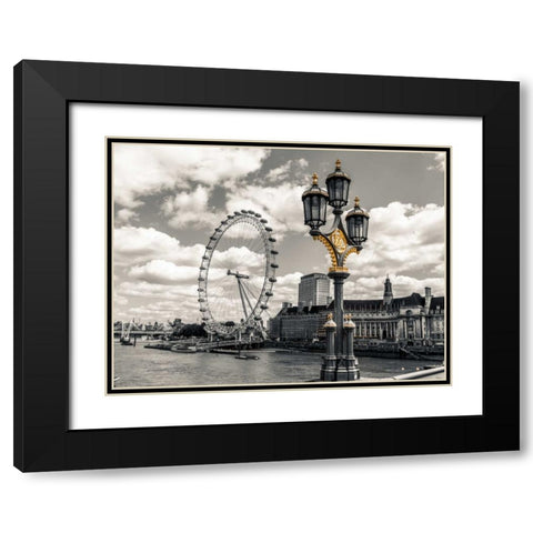 Lampost with London eye and County hall in background, London, UK Black Modern Wood Framed Art Print with Double Matting by Frank, Assaf