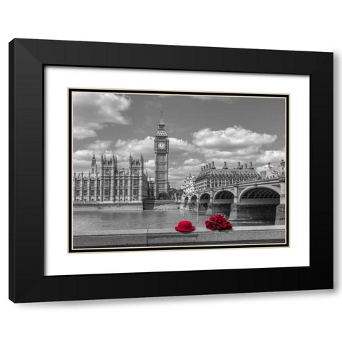 Bunch of Roses and hat on Thames promenade agaisnt Big Ben, London, UK Black Modern Wood Framed Art Print with Double Matting by Frank, Assaf