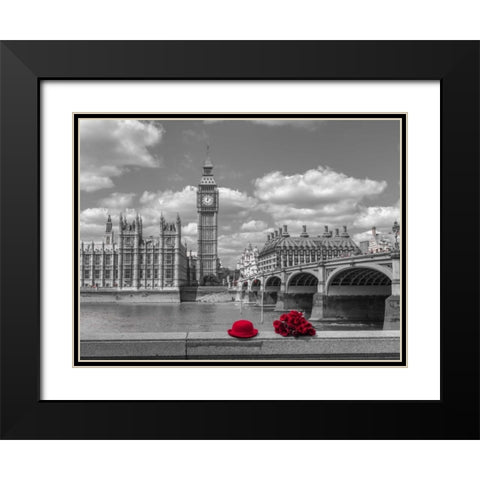 Bunch of Roses and hat on Thames promenade agaisnt Big Ben, London, UK Black Modern Wood Framed Art Print with Double Matting by Frank, Assaf