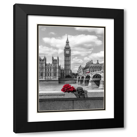 Bunch of Roses and hat on Thames promenade agaisnt Big Ben, London, UK Black Modern Wood Framed Art Print with Double Matting by Frank, Assaf