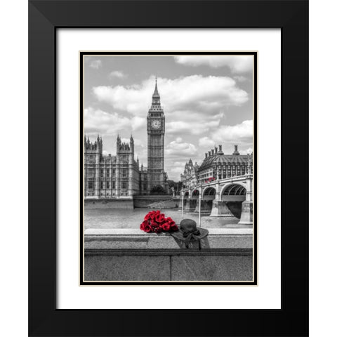Bunch of Roses and hat on Thames promenade agaisnt Big Ben, London, UK Black Modern Wood Framed Art Print with Double Matting by Frank, Assaf