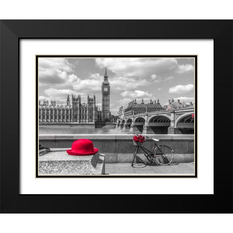 Red hat and bicycle on Thames promenade, London, UK Black Modern Wood Framed Art Print with Double Matting by Frank, Assaf