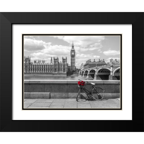 Bunch of Roses on a bicycle agaisnt Westminster Abby, London, UK Black Modern Wood Framed Art Print with Double Matting by Frank, Assaf