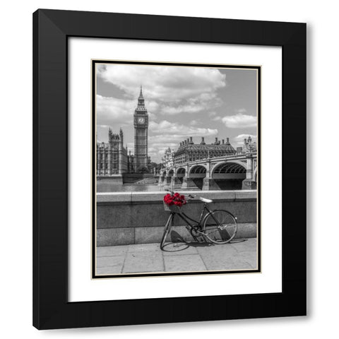 Bunch of Roses on a bicycle agaisnt Westminster Abby, London, UK Black Modern Wood Framed Art Print with Double Matting by Frank, Assaf