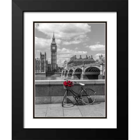 Bunch of Roses on a bicycle agaisnt Westminster Abby, London, UK Black Modern Wood Framed Art Print with Double Matting by Frank, Assaf