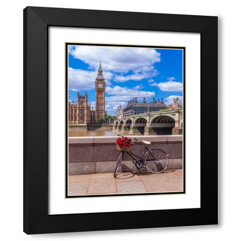 Bunch of Roses on a bicycle agaisnt Westminster Abby, London, UK Black Modern Wood Framed Art Print with Double Matting by Frank, Assaf