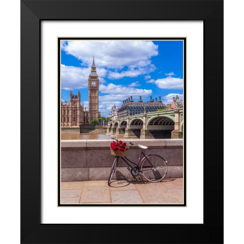 Bunch of Roses on a bicycle agaisnt Westminster Abby, London, UK Black Modern Wood Framed Art Print with Double Matting by Frank, Assaf