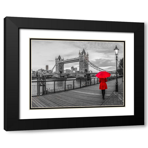 Tourist with red umbrella on promenade near Tower bridge, London, UK Black Modern Wood Framed Art Print with Double Matting by Frank, Assaf