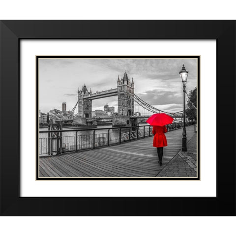 Tourist with red umbrella on promenade near Tower bridge, London, UK Black Modern Wood Framed Art Print with Double Matting by Frank, Assaf