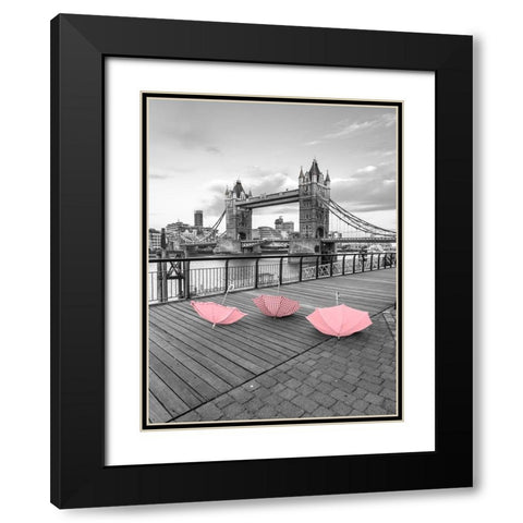 Pink umbrellas, Tower bridge, London Black Modern Wood Framed Art Print with Double Matting by Frank, Assaf
