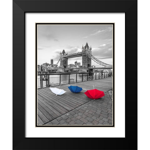 Colorful umbrellas on promenade near Tower bridge, London, UK Black Modern Wood Framed Art Print with Double Matting by Frank, Assaf