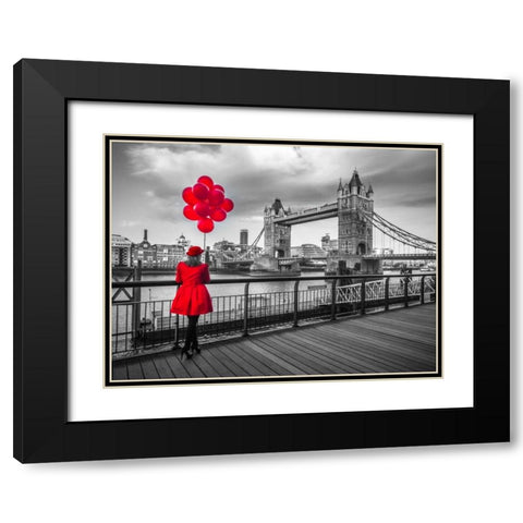 Woman with red balloons, standing on promenade near Tower Bridge, London, UK Black Modern Wood Framed Art Print with Double Matting by Frank, Assaf