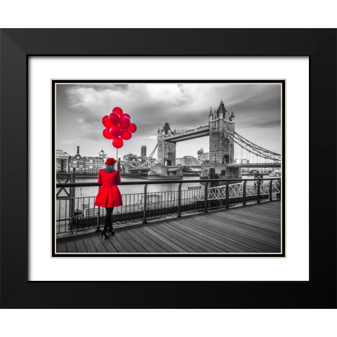 Woman with red balloons, standing on promenade near Tower Bridge, London, UK Black Modern Wood Framed Art Print with Double Matting by Frank, Assaf