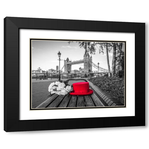 Red Hat with bunch of Roses on a bench near Tower Bridge, London, UK Black Modern Wood Framed Art Print with Double Matting by Frank, Assaf