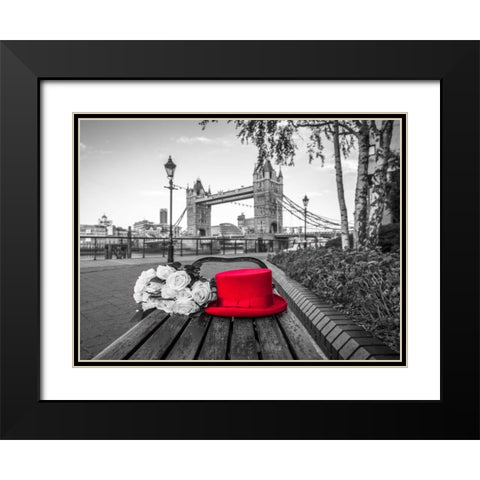 Red Hat with bunch of Roses on a bench near Tower Bridge, London, UK Black Modern Wood Framed Art Print with Double Matting by Frank, Assaf