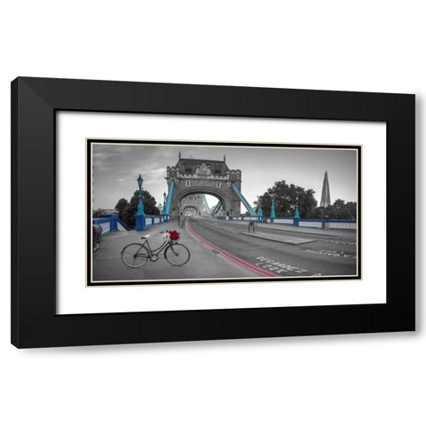 Bunch of roses on a bicycle near Tower Bridge, London, UK Black Modern Wood Framed Art Print with Double Matting by Frank, Assaf