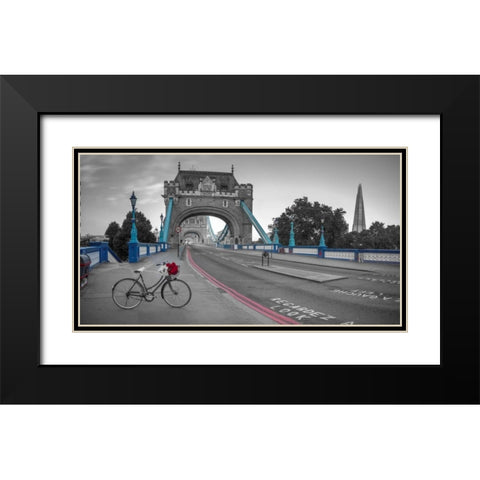 Bunch of roses on a bicycle near Tower Bridge, London, UK Black Modern Wood Framed Art Print with Double Matting by Frank, Assaf