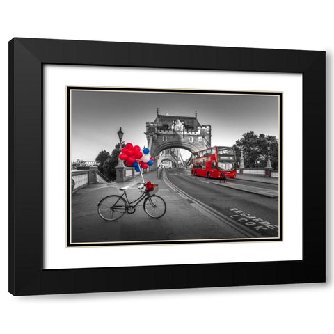 Colorful balloons and bunch of roses on a bicycle at Tower bridge, London, UK Black Modern Wood Framed Art Print with Double Matting by Frank, Assaf