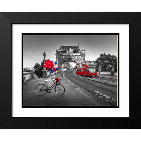 Colorful balloons and bunch of roses on a bicycle at Tower bridge, London, UK Black Modern Wood Framed Art Print with Double Matting by Frank, Assaf