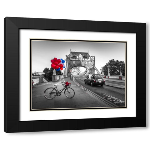 Colorful balloons and bunch of roses on a bicycle at Tower bridge, London, UK Black Modern Wood Framed Art Print with Double Matting by Frank, Assaf