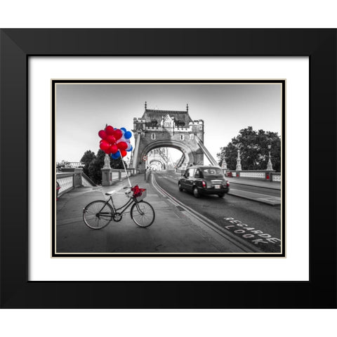 Colorful balloons and bunch of roses on a bicycle at Tower bridge, London, UK Black Modern Wood Framed Art Print with Double Matting by Frank, Assaf