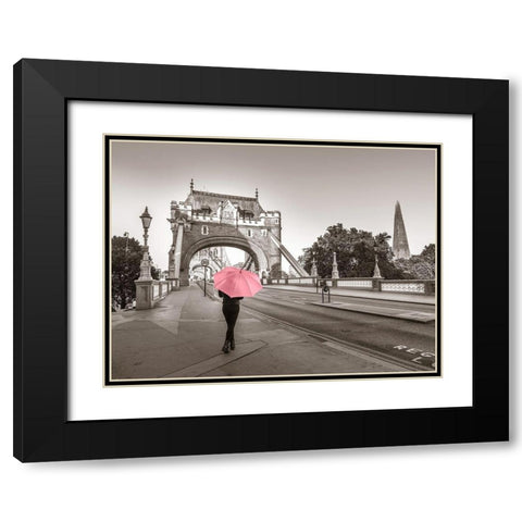 Lady with a pink umbrella, Tower bridge, London Black Modern Wood Framed Art Print with Double Matting by Frank, Assaf