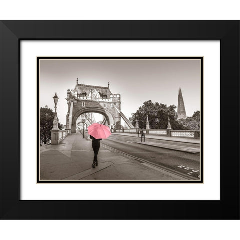Lady with a pink umbrella, Tower bridge, London Black Modern Wood Framed Art Print with Double Matting by Frank, Assaf