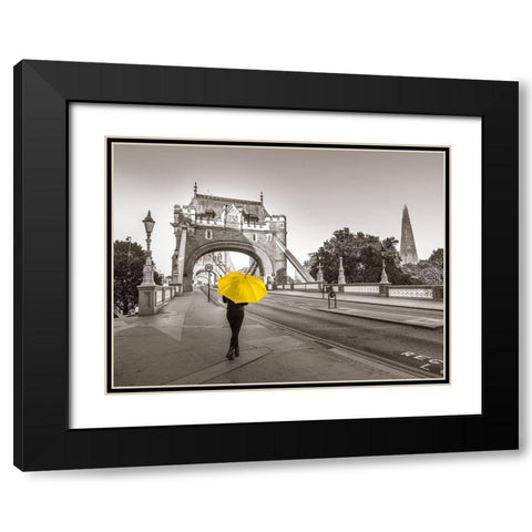Lady with a yellow umbrella, Tower bridge, London Black Modern Wood Framed Art Print with Double Matting by Frank, Assaf