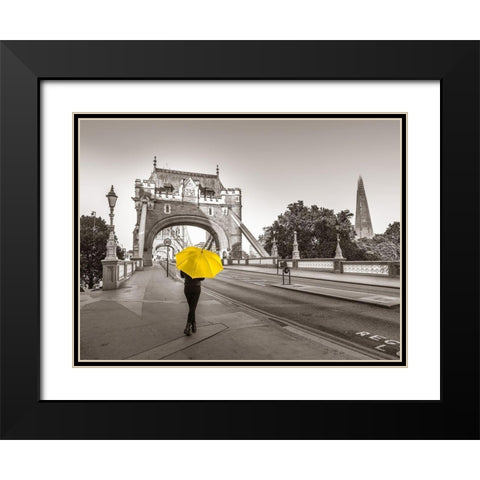 Lady with a yellow umbrella, Tower bridge, London Black Modern Wood Framed Art Print with Double Matting by Frank, Assaf