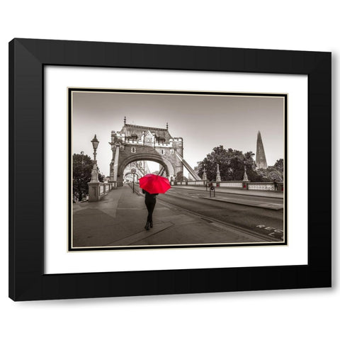 Tourist with umbrella on Tower Bridge, London, UK Black Modern Wood Framed Art Print with Double Matting by Frank, Assaf