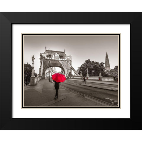 Tourist with umbrella on Tower Bridge, London, UK Black Modern Wood Framed Art Print with Double Matting by Frank, Assaf
