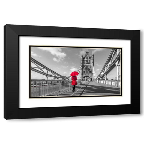 Tourist with red umbrella on Tower Bridge, London, UK Black Modern Wood Framed Art Print with Double Matting by Frank, Assaf