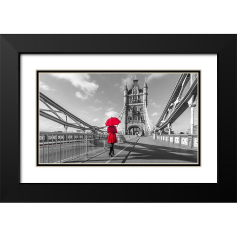 Tourist with red umbrella on Tower Bridge, London, UK Black Modern Wood Framed Art Print with Double Matting by Frank, Assaf