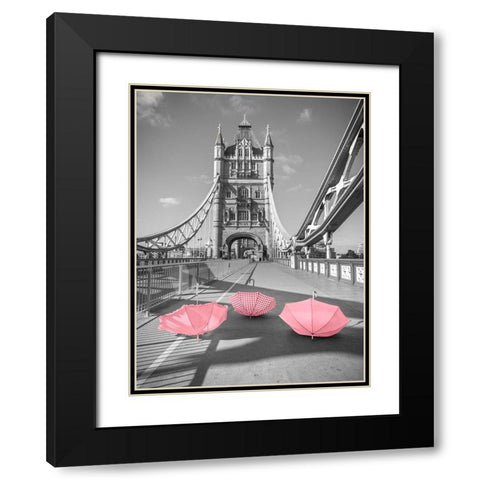 Pink umbrellas, Tower bridge, London Black Modern Wood Framed Art Print with Double Matting by Frank, Assaf