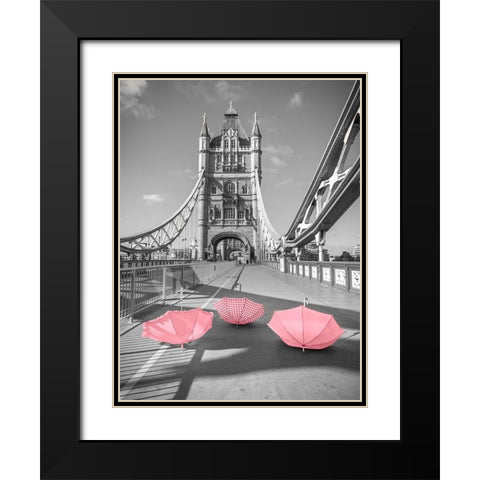 Pink umbrellas, Tower bridge, London Black Modern Wood Framed Art Print with Double Matting by Frank, Assaf