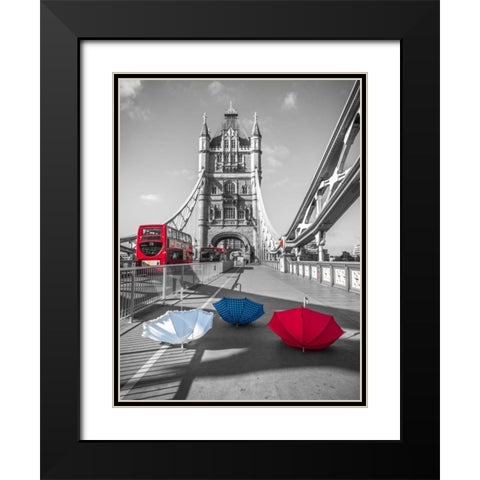 Colorful umbrellas on Tower bridge, London, UK Black Modern Wood Framed Art Print with Double Matting by Frank, Assaf