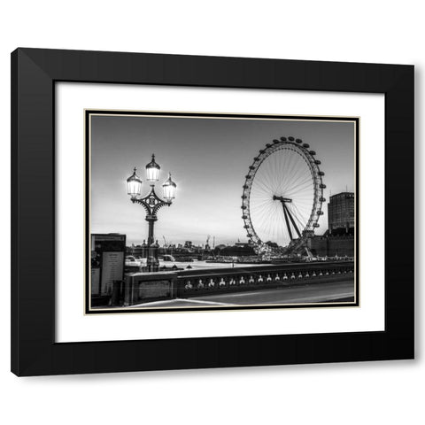 Street lamp on Westminster Bridge with London Eye in background, London, UK Black Modern Wood Framed Art Print with Double Matting by Frank, Assaf