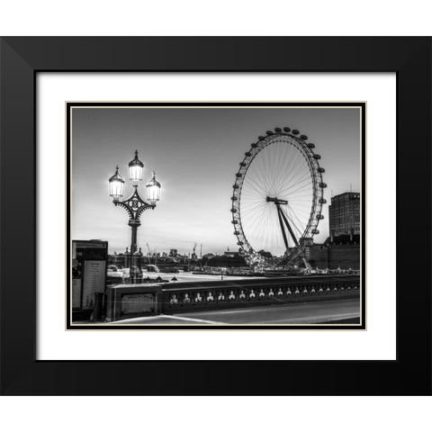 Street lamp on Westminster Bridge with London Eye in background, London, UK Black Modern Wood Framed Art Print with Double Matting by Frank, Assaf